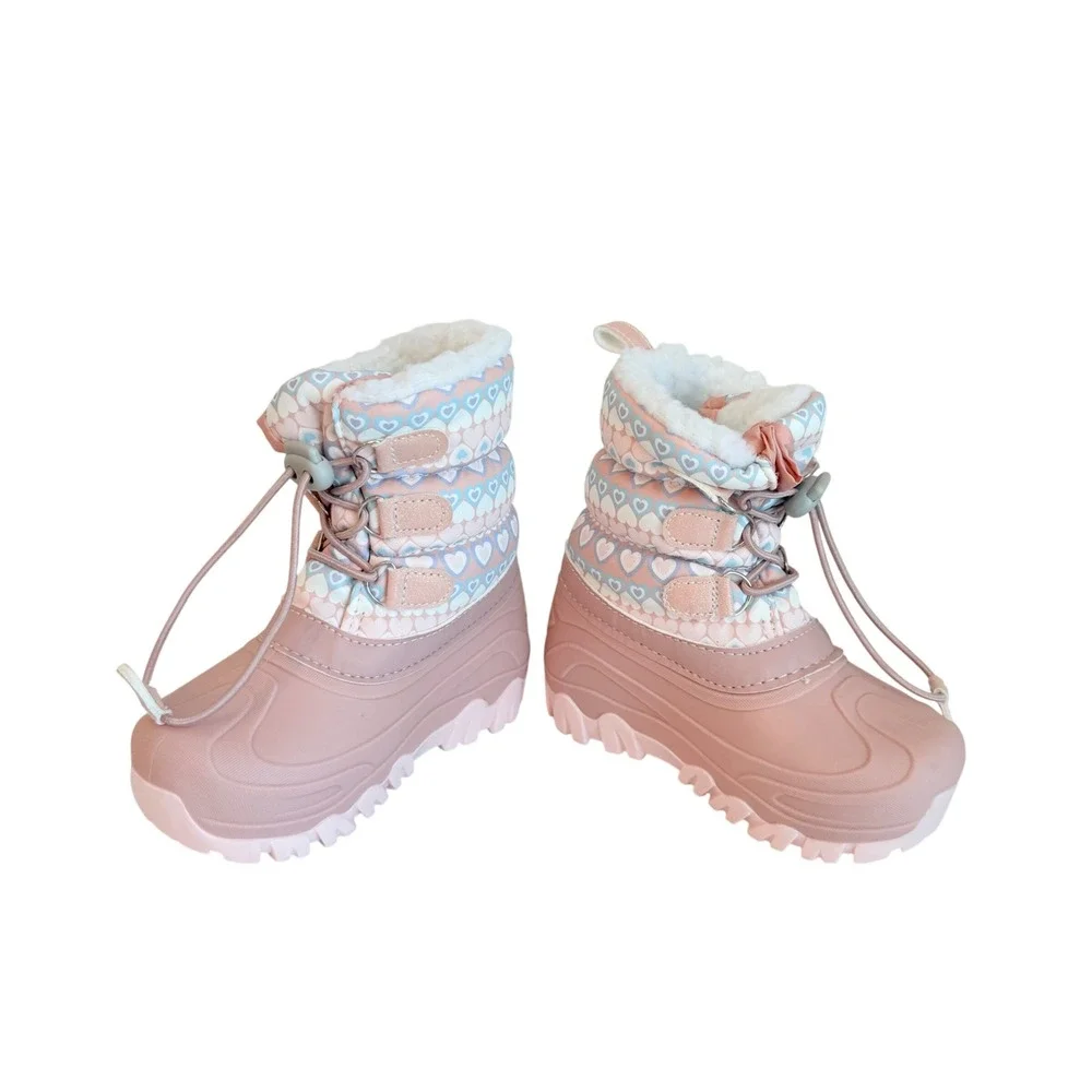 Member's Mark Snow Boots Kids 9/10 Pink Heart Pattern Faux Fur Insulated Bungee
